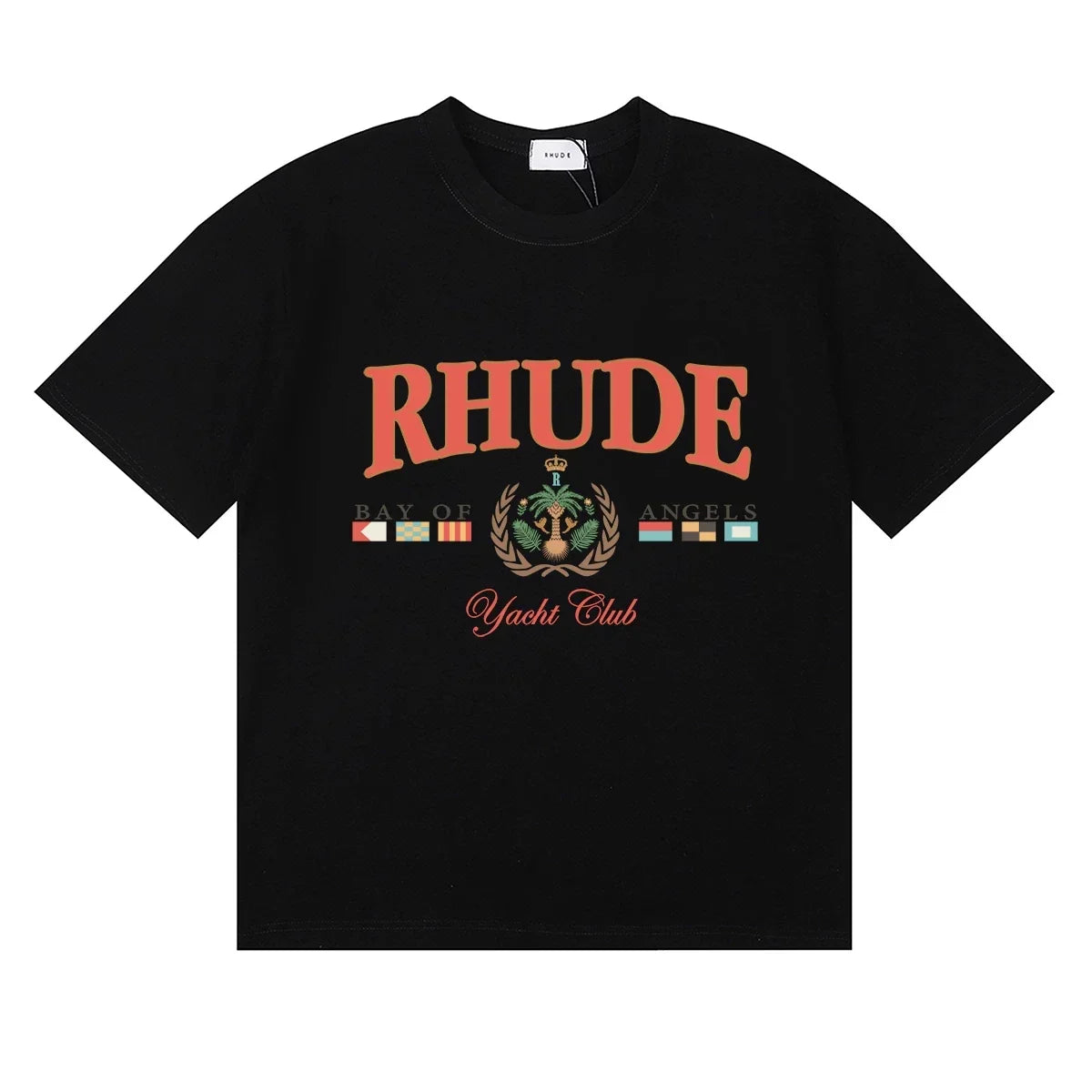 Rhude Yacht Club Bay Of Angels Flag Crest Vintage Black Oversized T‑Shirt