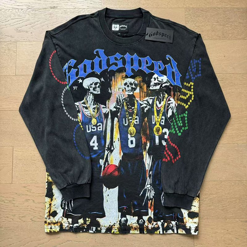 Godspeed Washed Black Graphic Long-Sleeve T-Shirt