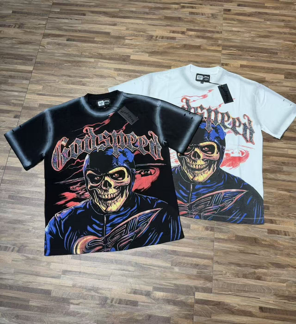 Godspeed Skull Graphic Distressed Sleeve T-Shirt