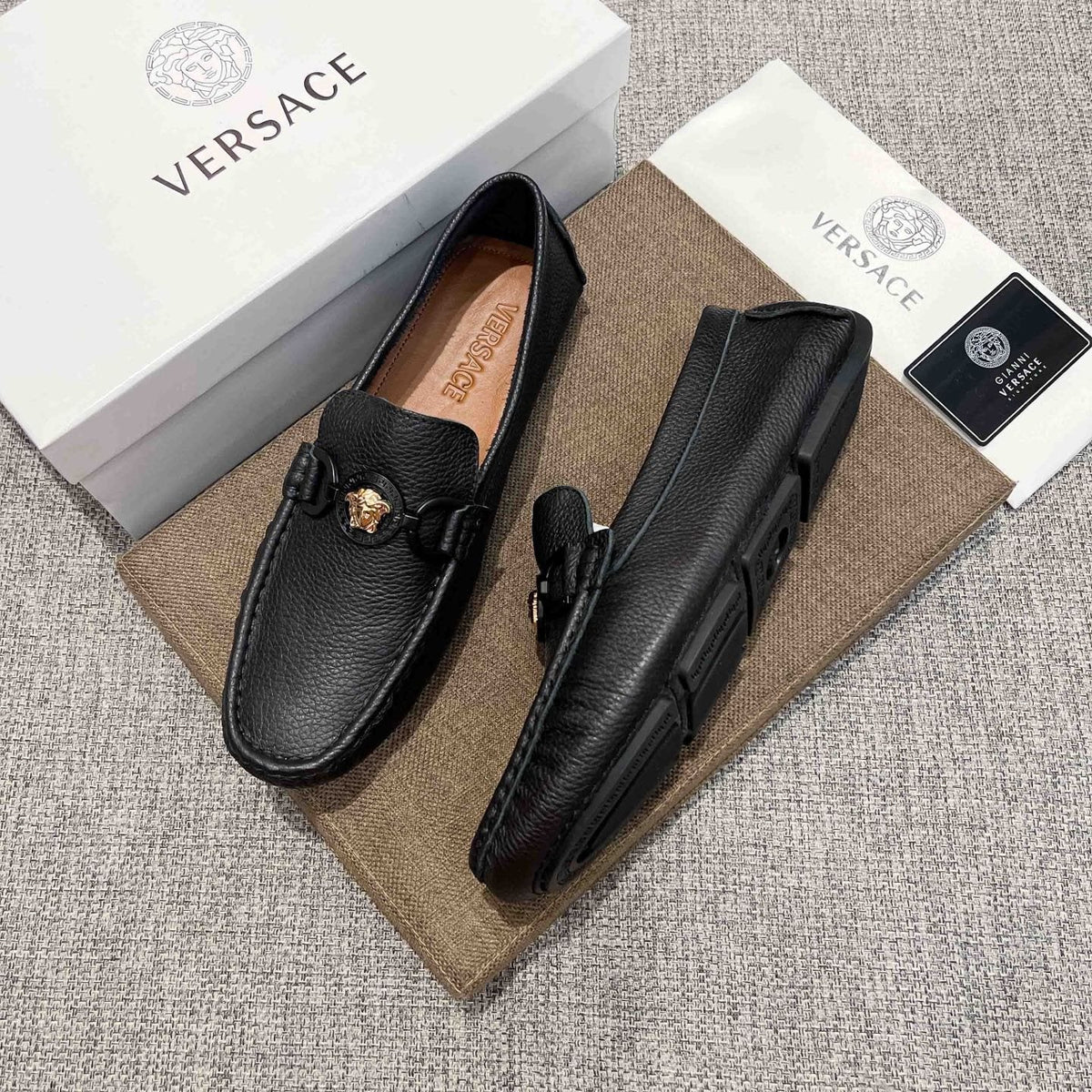 Versace Black Gold-Emblem Slip-On Loafers