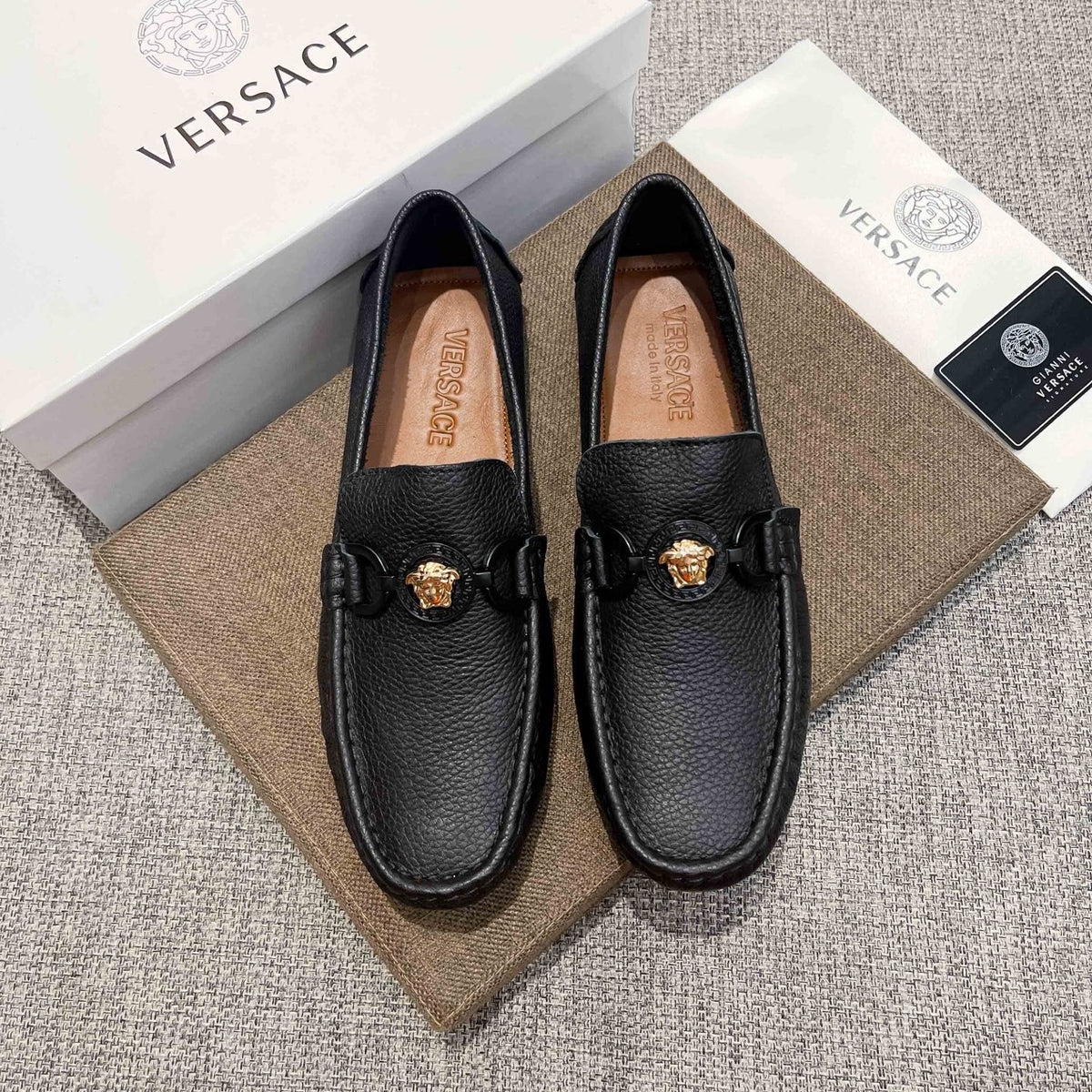 Versace Black Gold-Emblem Slip-On Loafers