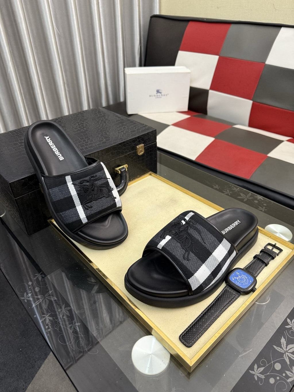 Burberry Plaid Horse Motif Slide Sandals